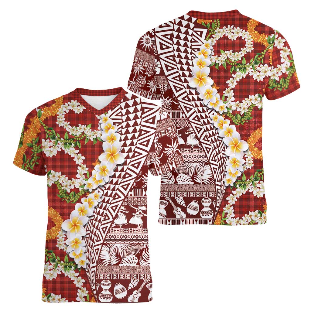 Hawaiian Plumeria Lei Women V-Neck T-Shirt Kakau Motifs and Palaka Half Style Red Color LT03 - Polynesian Pride