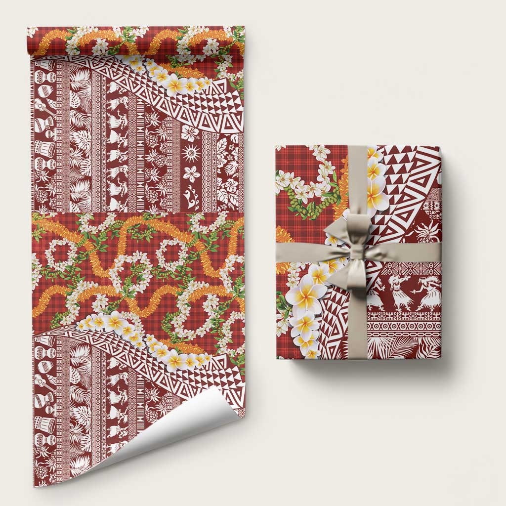Hawaiian Plumeria Lei Wrapping Paper Kakau Motifs and Palaka Half Style Red Color LT03 58" × 23" Red - Polynesian Pride