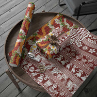 Hawaiian Plumeria Lei Wrapping Paper Kakau Motifs and Palaka Half Style Red Color LT03 - Polynesian Pride