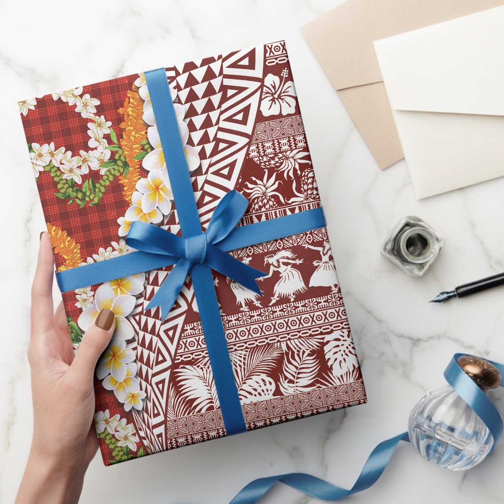 Hawaiian Plumeria Lei Wrapping Paper Kakau Motifs and Palaka Half Style Red Color LT03 - Polynesian Pride