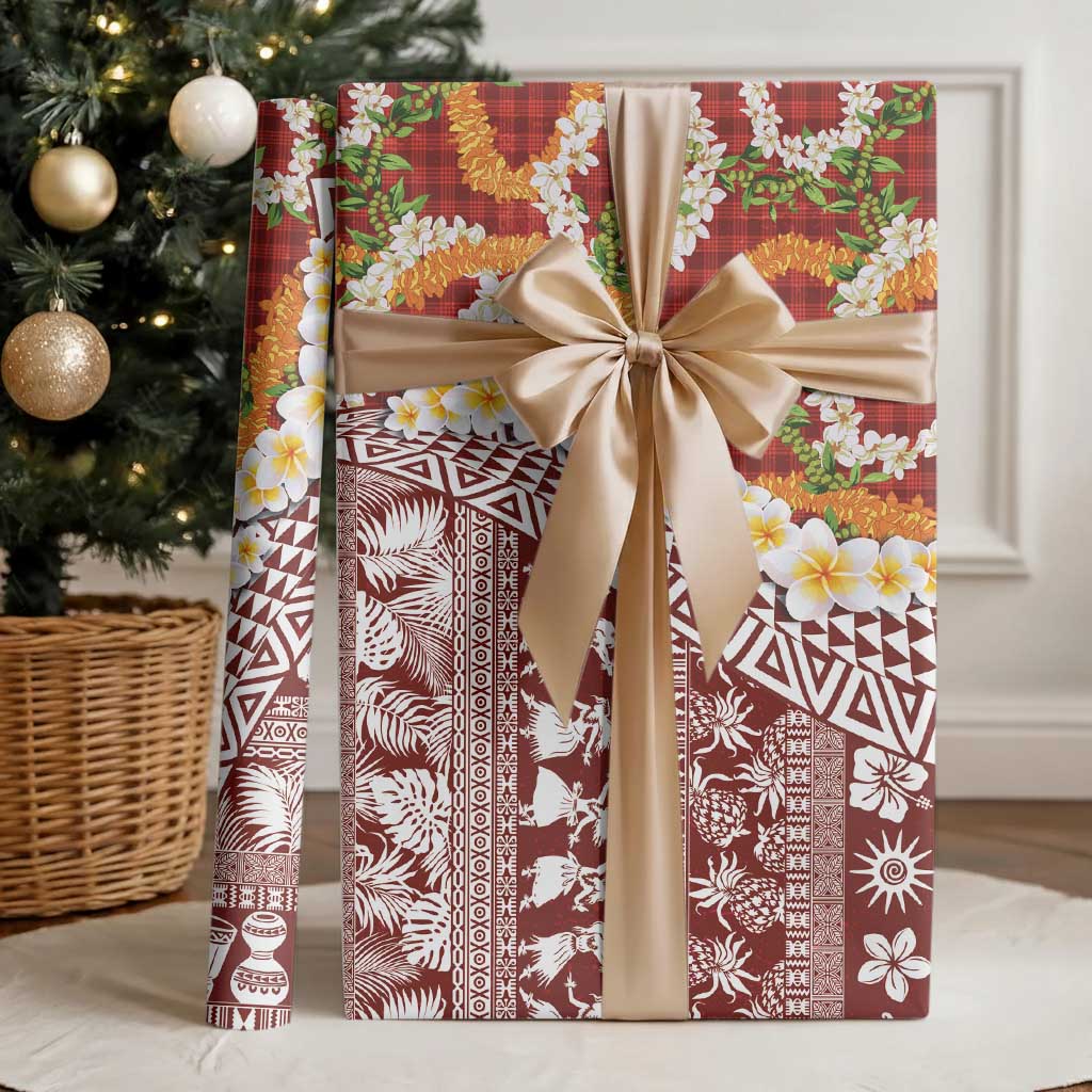 Hawaiian Plumeria Lei Wrapping Paper Kakau Motifs and Palaka Half Style Red Color LT03 - Polynesian Pride