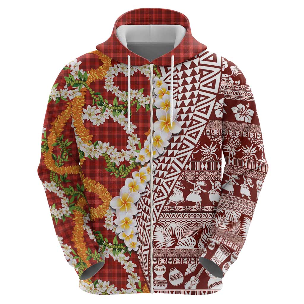 Hawaiian Plumeria Lei Zip Hoodie Kakau Motifs and Palaka Half Style Red Color LT03 - Polynesian Pride