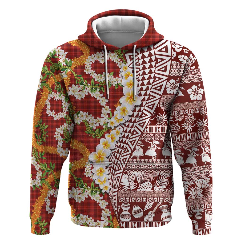 Hawaiian Plumeria Lei Zip Hoodie Kakau Motifs and Palaka Half Style Red Color LT03 Pullover Hoodie Red - Polynesian Pride