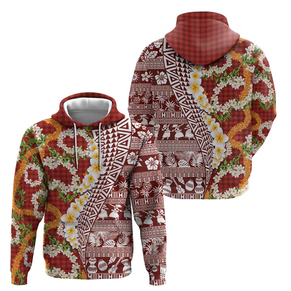 Hawaiian Plumeria Lei Zip Hoodie Kakau Motifs and Palaka Half Style Red Color LT03 - Polynesian Pride