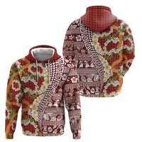 Hawaiian Plumeria Lei Zip Hoodie Kakau Motifs and Palaka Half Style Red Color LT03 - Polynesian Pride