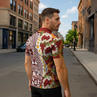 Hawaiian Plumeria Lei Zipper Polo Shirt Kakau Motifs and Palaka Half Style Red Color LT03 - Polynesian Pride