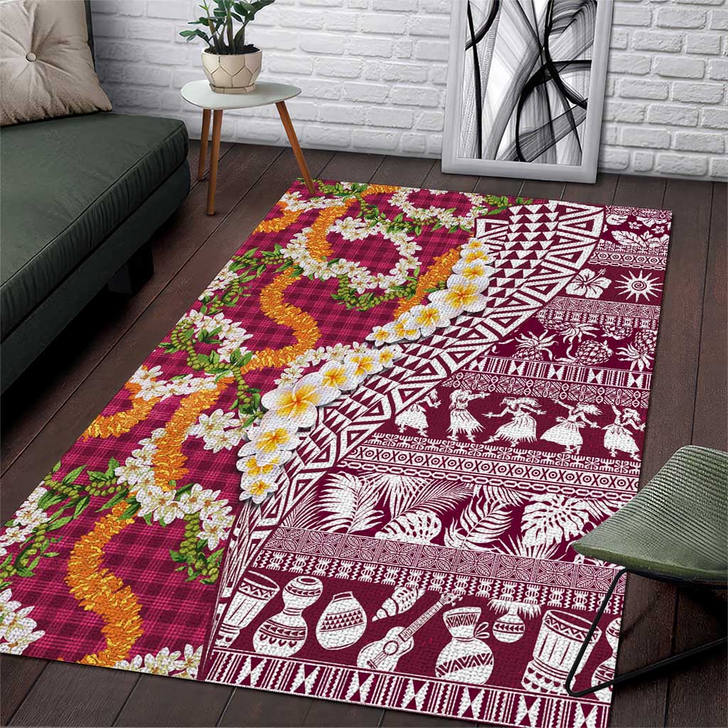 Hawaiian Plumeria Lei Area Rug Kakau Motifs and Palaka Half Style Pink Color LT03 Pink - Polynesian Pride
