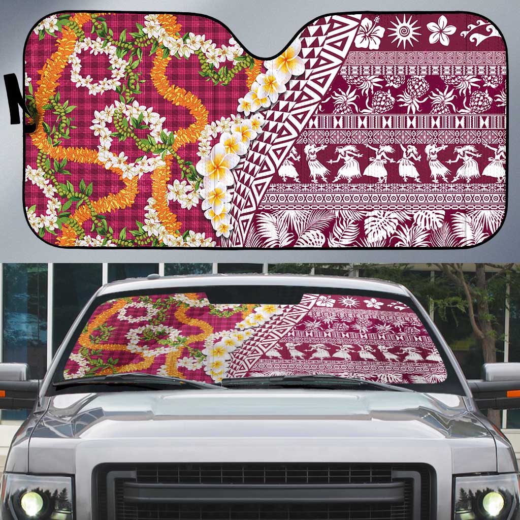 Hawaiian Plumeria Lei Auto Sun Shade Kakau Motifs and Palaka Half Style Pink Color LT03 Pink - Polynesian Pride