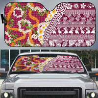 Hawaiian Plumeria Lei Auto Sun Shade Kakau Motifs and Palaka Half Style Pink Color LT03 Pink - Polynesian Pride