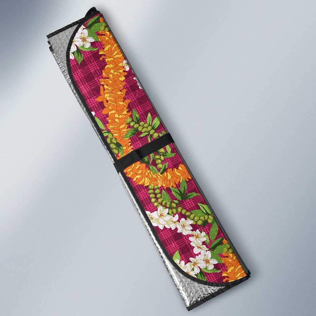 Hawaiian Plumeria Lei Auto Sun Shade Kakau Motifs and Palaka Half Style Pink Color LT03 - Polynesian Pride