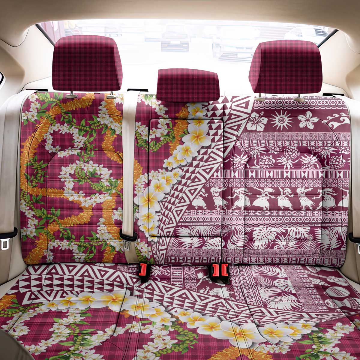 Hawaiian Plumeria Lei Back Car Seat Cover Kakau Motifs and Palaka Half Style Pink Color LT03 - Polynesian Pride