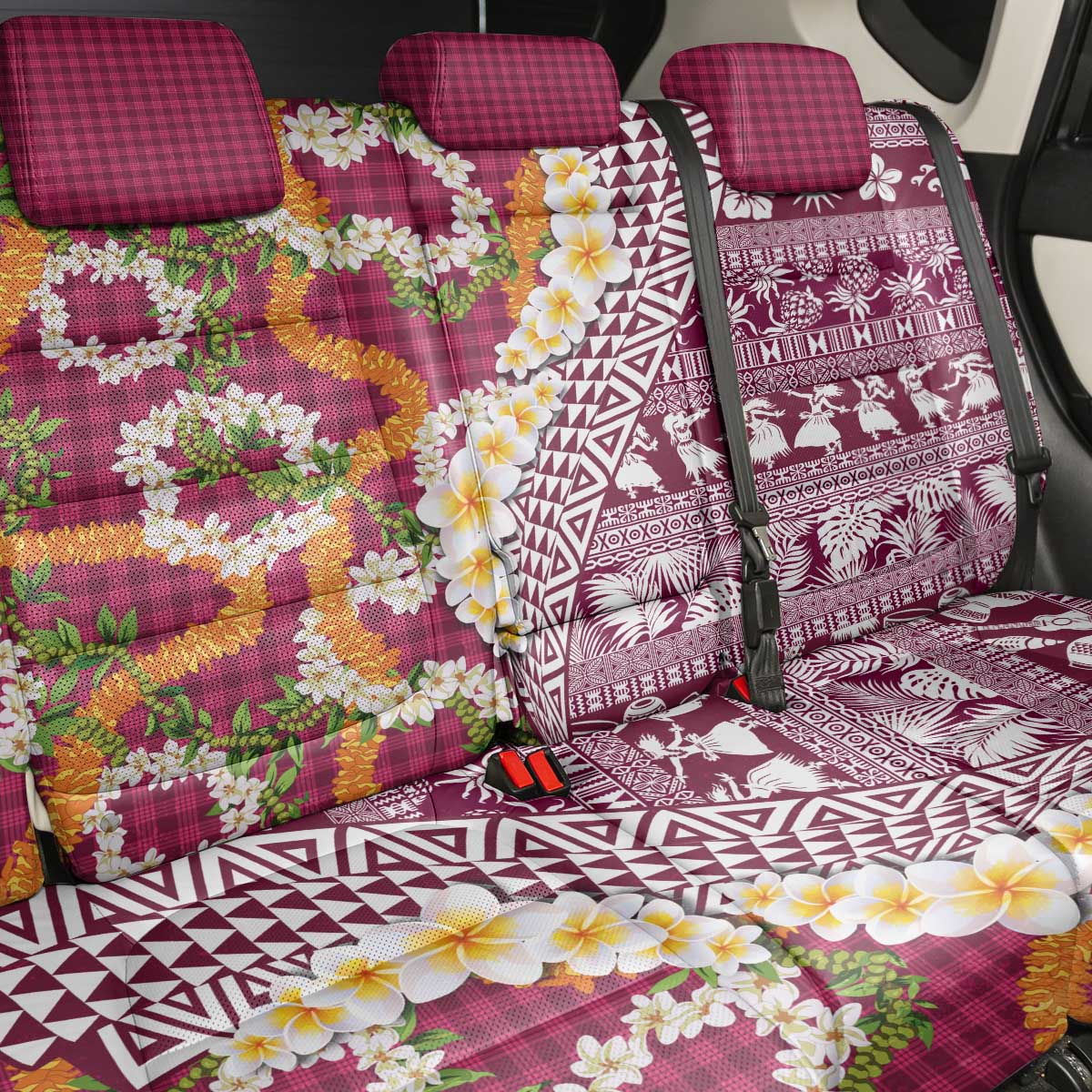 Hawaiian Plumeria Lei Back Car Seat Cover Kakau Motifs and Palaka Half Style Pink Color LT03 - Polynesian Pride