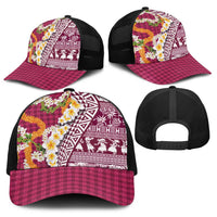 Hawaiian Plumeria Lei Baseball Net Cap Kakau Motifs and Palaka Half Style Pink Color - Polynesian Pride