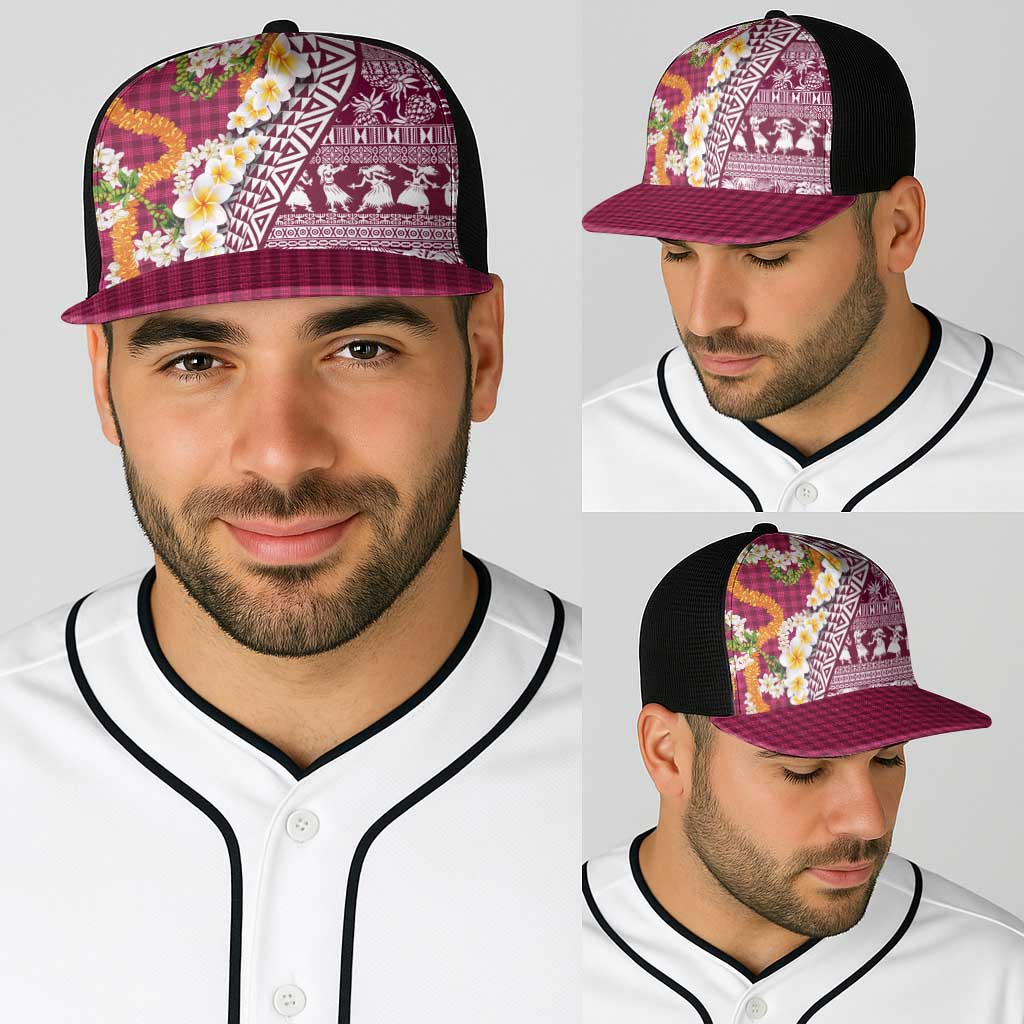 Hawaiian Plumeria Lei Baseball Net Cap Kakau Motifs and Palaka Half Style Pink Color - Polynesian Pride