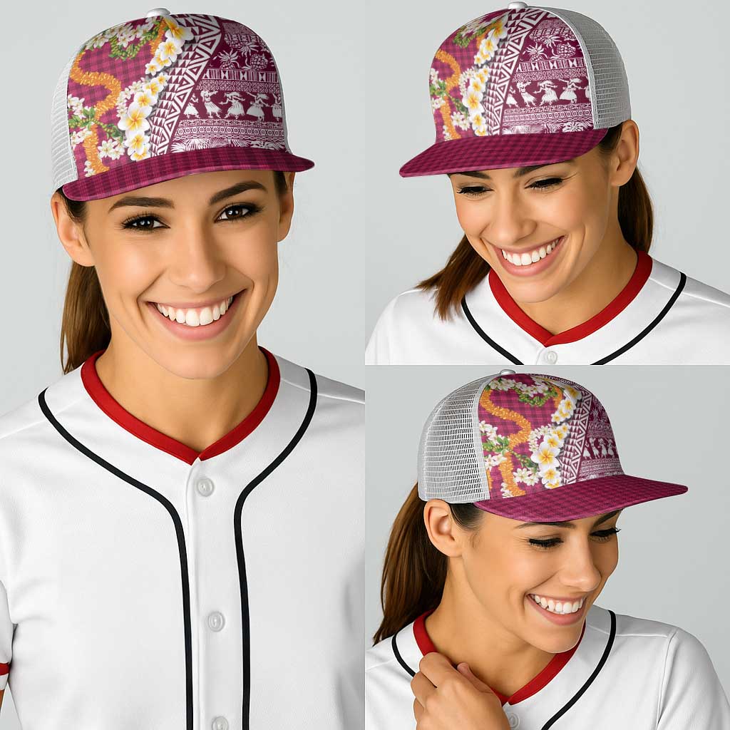 Hawaiian Plumeria Lei Baseball Net Cap Kakau Motifs and Palaka Half Style Pink Color - Polynesian Pride