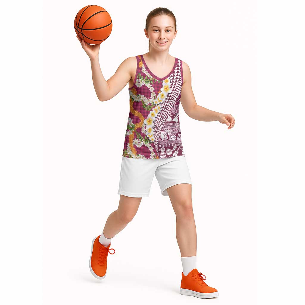 Hawaiian Plumeria Lei Basketball Jersey Kakau Motifs and Palaka Half Style Pink Color LT03 - Polynesian Pride