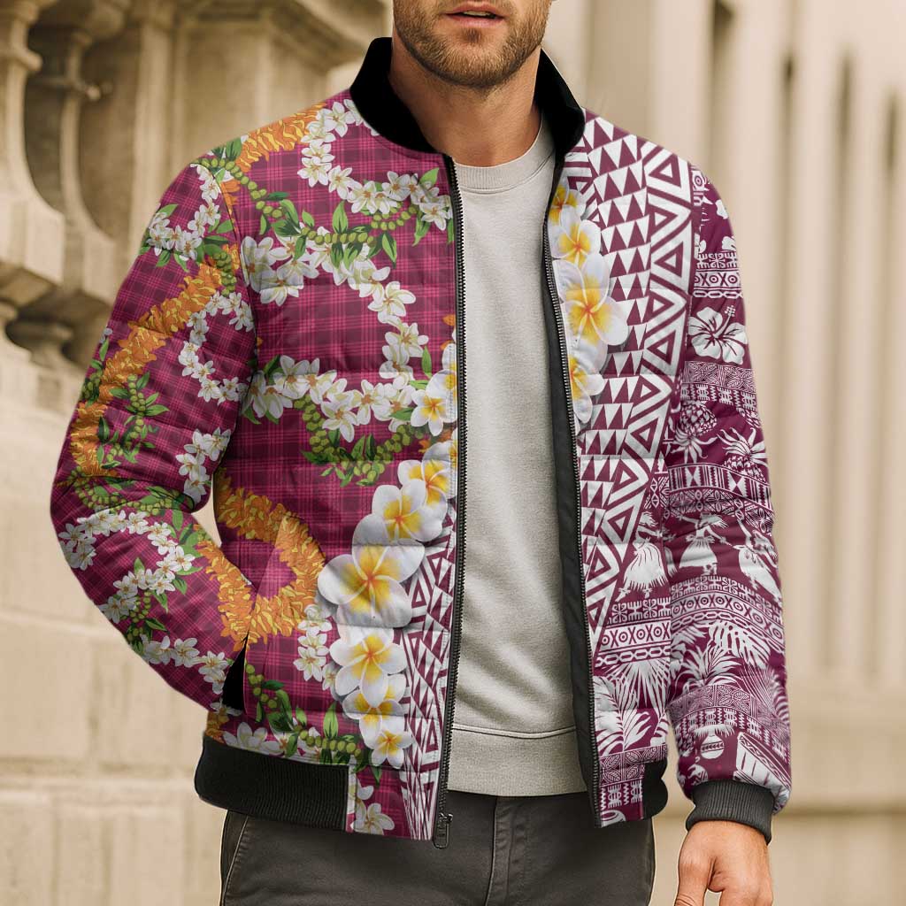 Hawaiian Plumeria Lei Bomber Puffer Jacket Kakau Motifs and Palaka Half Style Pink Color - Polynesian Pride