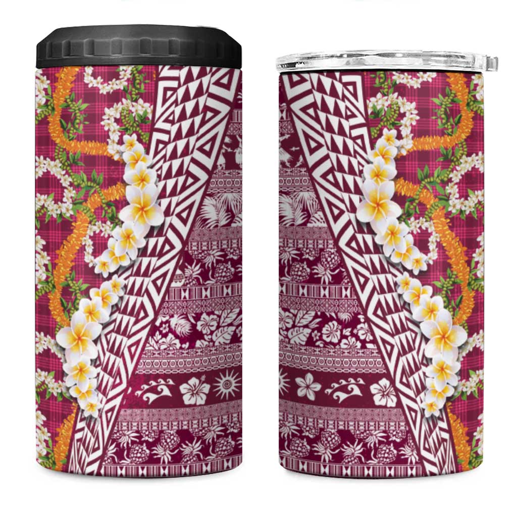 Hawaiian Plumeria Lei 4 in 1 Can Cooler Tumbler Kakau Motifs and Palaka Half Style Pink Color LT03 One Size: 16 oz Pink - Polynesian Pride