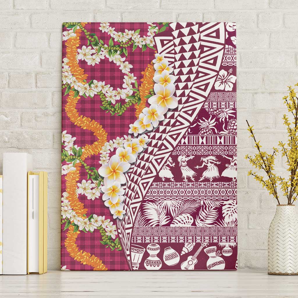 Hawaiian Plumeria Lei Canvas Wall Art Kakau Motifs and Palaka Half Style Pink Color LT03 Without Frame Pink - Polynesian Pride