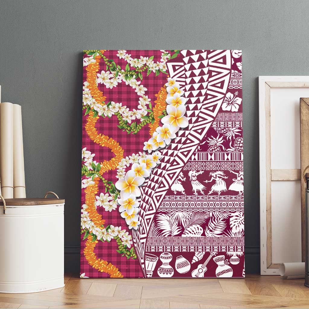 Hawaiian Plumeria Lei Canvas Wall Art Kakau Motifs and Palaka Half Style Pink Color LT03 - Polynesian Pride