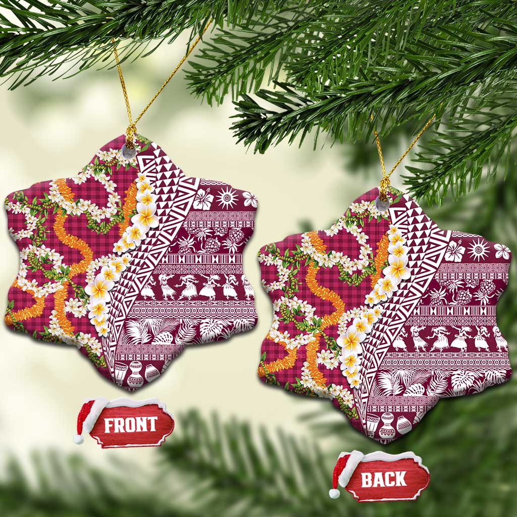 Hawaiian Plumeria Lei Ceramic Ornament Kakau Motifs and Palaka Half Style Pink Color - Polynesian Pride