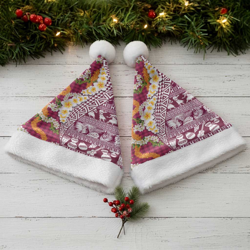 Hawaiian Plumeria Lei Christmas Santa Hat Kakau Motifs and Palaka Half Style Pink Color LT03 - Polynesian Pride