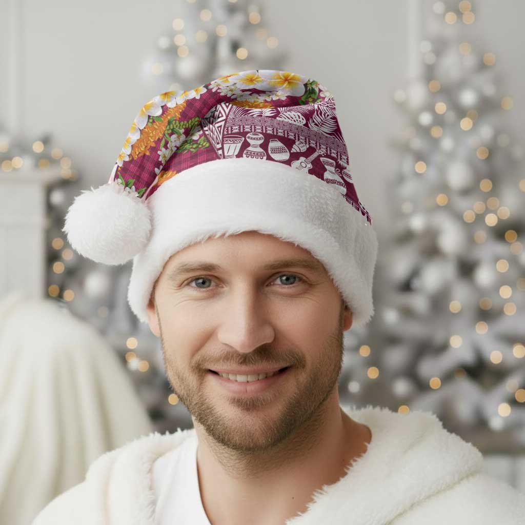 Hawaiian Plumeria Lei Christmas Santa Hat Kakau Motifs and Palaka Half Style Pink Color LT03 - Polynesian Pride