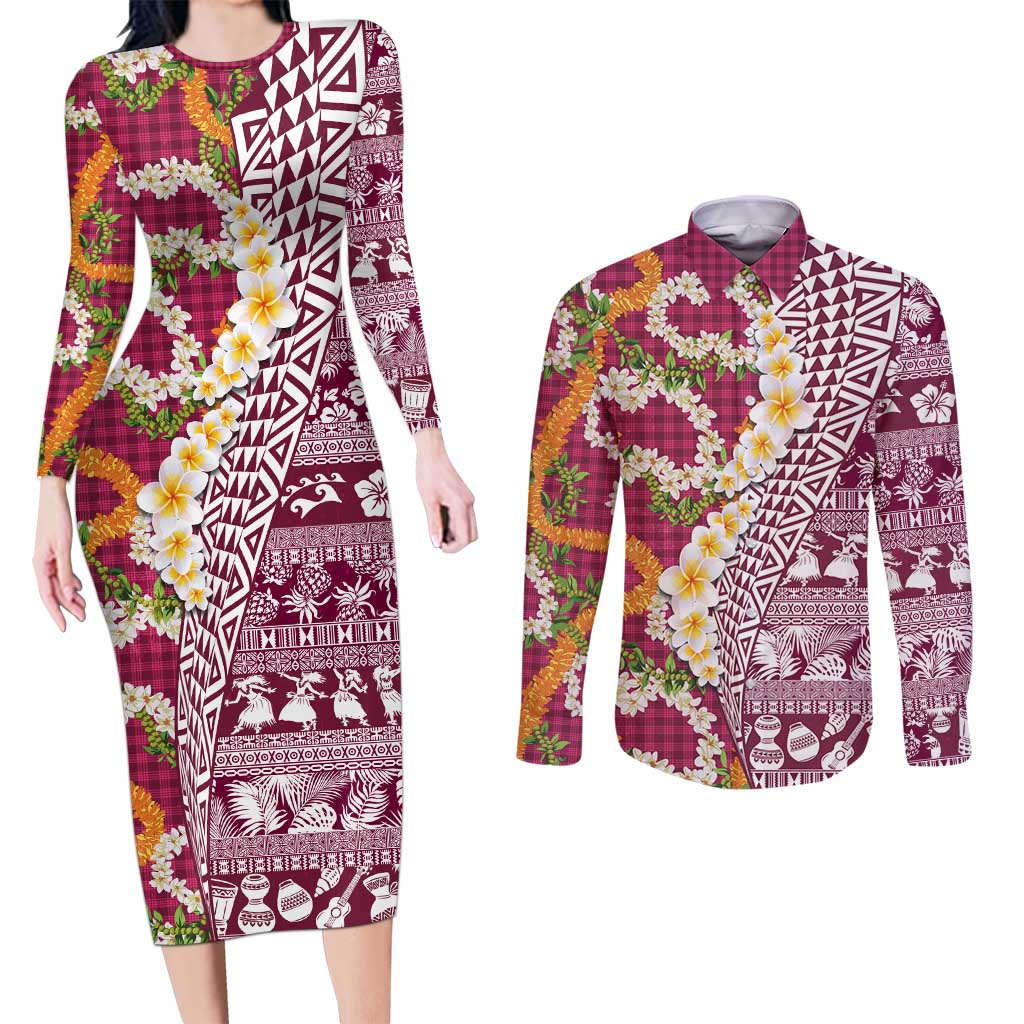 Hawaiian Plumeria Lei Couples Matching Long Sleeve Bodycon Dress and Long Sleeve Button Shirt Kakau Motifs and Palaka Half Style Pink Color LT03 Pink - Polynesian Pride