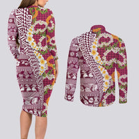 Hawaiian Plumeria Lei Couples Matching Long Sleeve Bodycon Dress and Long Sleeve Button Shirt Kakau Motifs and Palaka Half Style Pink Color LT03 - Polynesian Pride