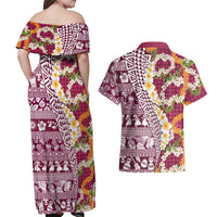 Hawaiian Plumeria Lei Couples Matching Off Shoulder Maxi Dress and Hawaiian Shirt Kakau Motifs and Palaka Half Style Pink Color LT03 - Polynesian Pride