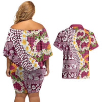 Hawaiian Plumeria Lei Couples Matching Off Shoulder Short Dress and Hawaiian Shirt Kakau Motifs and Palaka Half Style Pink Color LT03 - Polynesian Pride
