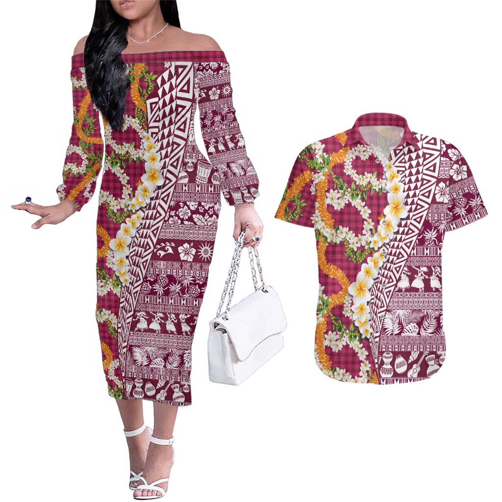 Hawaiian Plumeria Lei Couples Matching Off The Shoulder Long Sleeve Dress and Hawaiian Shirt Kakau Motifs and Palaka Half Style Pink Color LT03 Pink - Polynesian Pride
