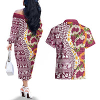 Hawaiian Plumeria Lei Couples Matching Off The Shoulder Long Sleeve Dress and Hawaiian Shirt Kakau Motifs and Palaka Half Style Pink Color LT03 - Polynesian Pride