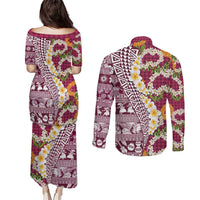 Hawaiian Plumeria Lei Couples Matching Puletasi and Long Sleeve Button Shirt Kakau Motifs and Palaka Half Style Pink Color LT03 - Polynesian Pride