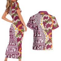 Hawaiian Plumeria Lei Couples Matching Short Sleeve Bodycon Dress and Hawaiian Shirt Kakau Motifs and Palaka Half Style Pink Color LT03 - Polynesian Pride