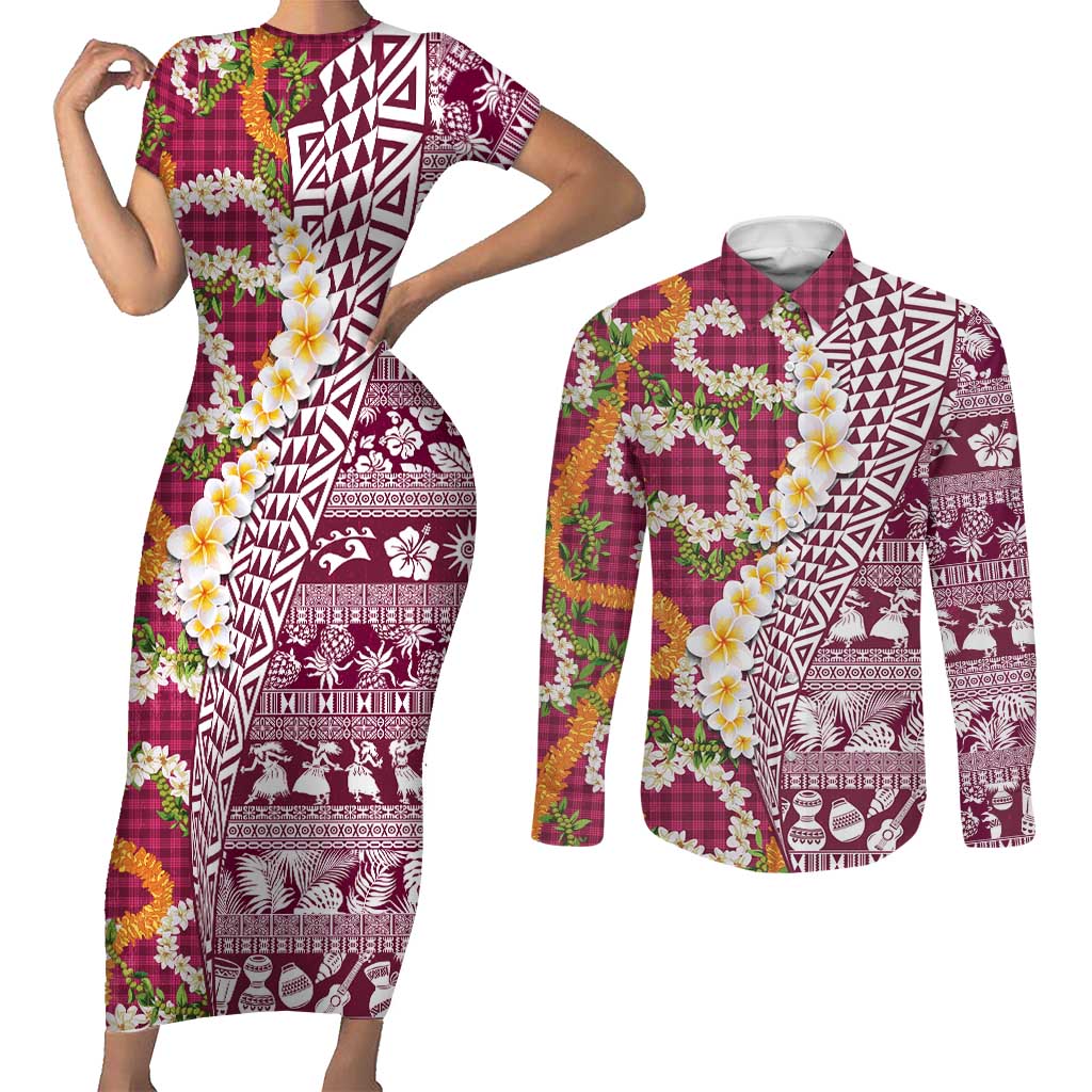 Hawaiian Plumeria Lei Couples Matching Short Sleeve Bodycon Dress and Long Sleeve Button Shirt Kakau Motifs and Palaka Half Style Pink Color LT03 Pink - Polynesian Pride
