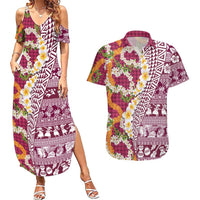 Hawaiian Plumeria Lei Couples Matching Summer Maxi Dress and Hawaiian Shirt Kakau Motifs and Palaka Half Style Pink Color LT03 Pink - Polynesian Pride
