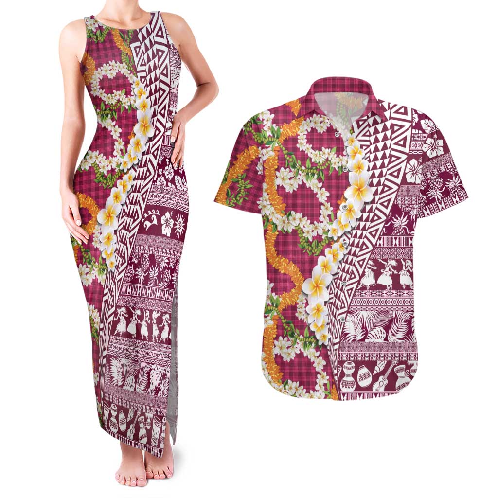 Hawaiian Plumeria Lei Couples Matching Tank Maxi Dress and Hawaiian Shirt Kakau Motifs and Palaka Half Style Pink Color LT03 Pink - Polynesian Pride
