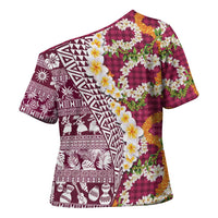Hawaiian Plumeria Lei Cross Shoulder Shirt Kakau Motifs and Palaka Half Style Pink Color LT03 - Polynesian Pride