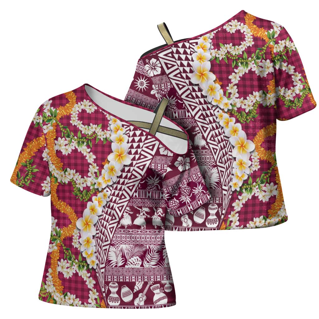 Hawaiian Plumeria Lei Cross Shoulder Shirt Kakau Motifs and Palaka Half Style Pink Color LT03 - Polynesian Pride