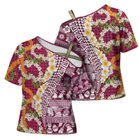 Hawaiian Plumeria Lei Cross Shoulder Shirt Kakau Motifs and Palaka Half Style Pink Color LT03 - Polynesian Pride