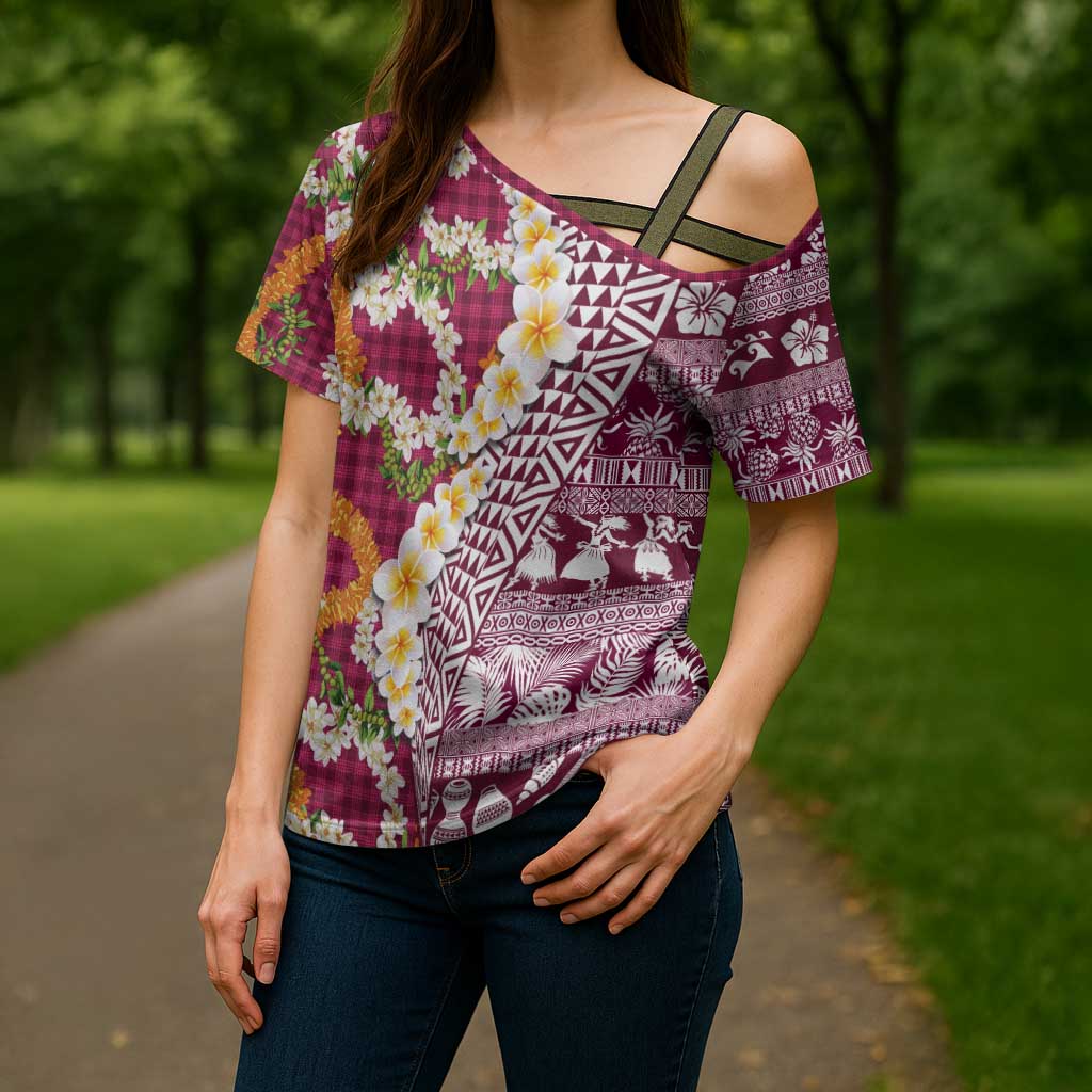 Hawaiian Plumeria Lei Cross Shoulder Shirt Kakau Motifs and Palaka Half Style Pink Color LT03 - Polynesian Pride