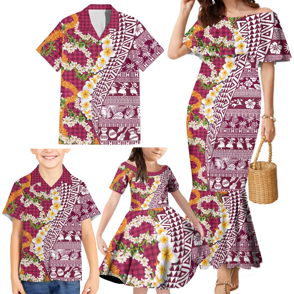 Hawaiian Plumeria Lei Family Matching Mermaid Dress and Hawaiian Shirt Kakau Motifs and Palaka Half Style Pink Color LT03 - Polynesian Pride