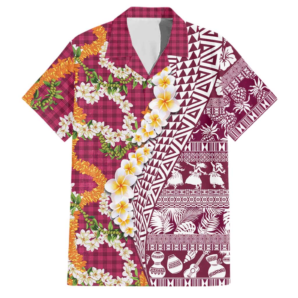 Hawaiian Plumeria Lei Family Matching Off Shoulder Maxi Dress and Hawaiian Shirt Kakau Motifs and Palaka Half Style Pink Color LT03 Dad's Shirt - Short Sleeve Pink - Polynesian Pride