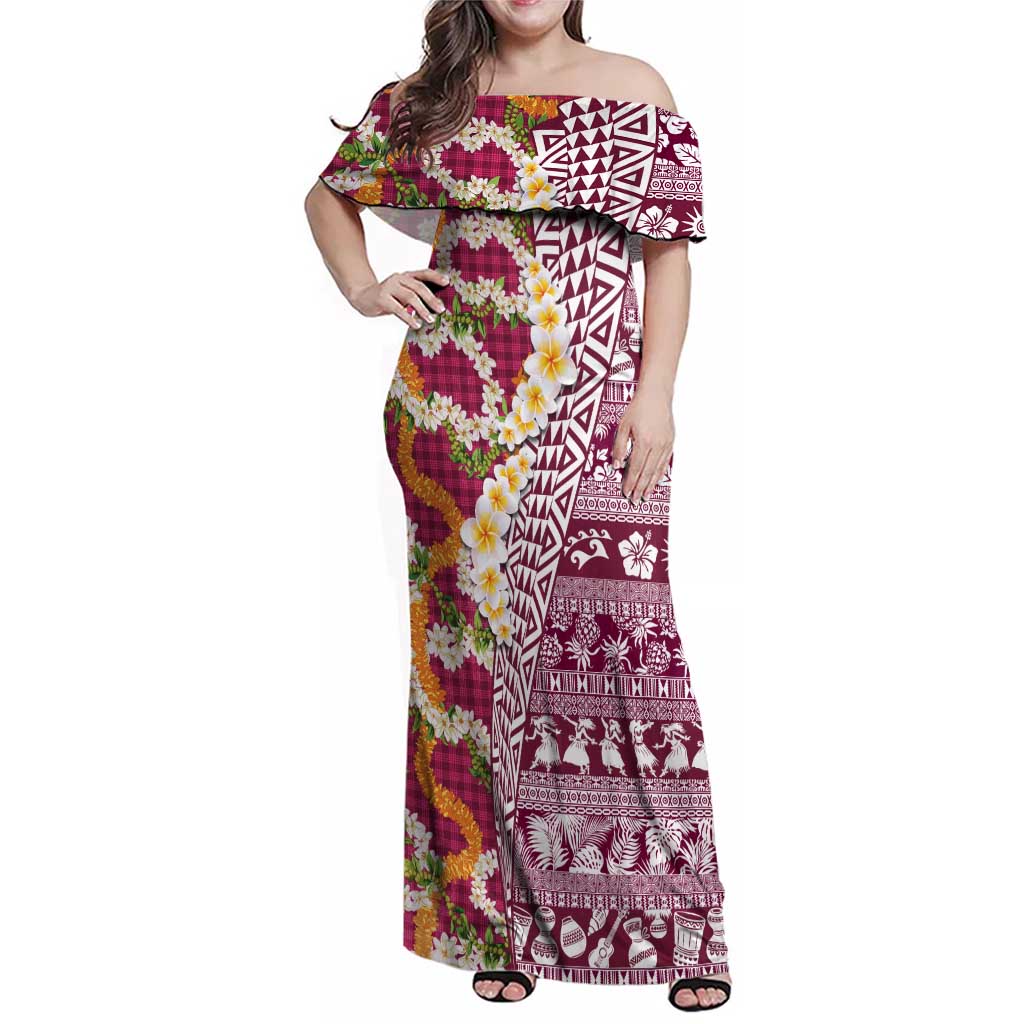 Hawaiian Plumeria Lei Family Matching Off Shoulder Maxi Dress and Hawaiian Shirt Kakau Motifs and Palaka Half Style Pink Color LT03 Mom's Dress Pink - Polynesian Pride