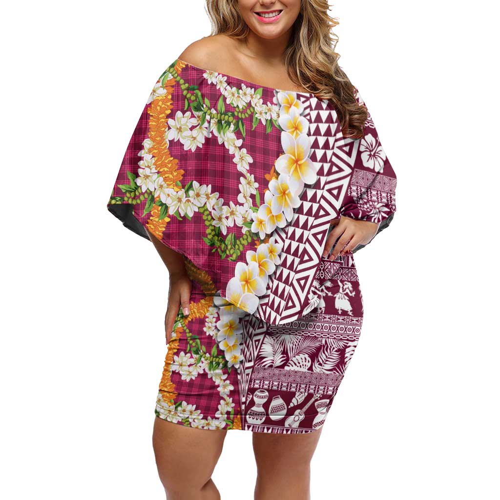Hawaiian Plumeria Lei Family Matching Off Shoulder Short Dress and Hawaiian Shirt Kakau Motifs and Palaka Half Style Pink Color LT03 Mom's Dress Pink - Polynesian Pride