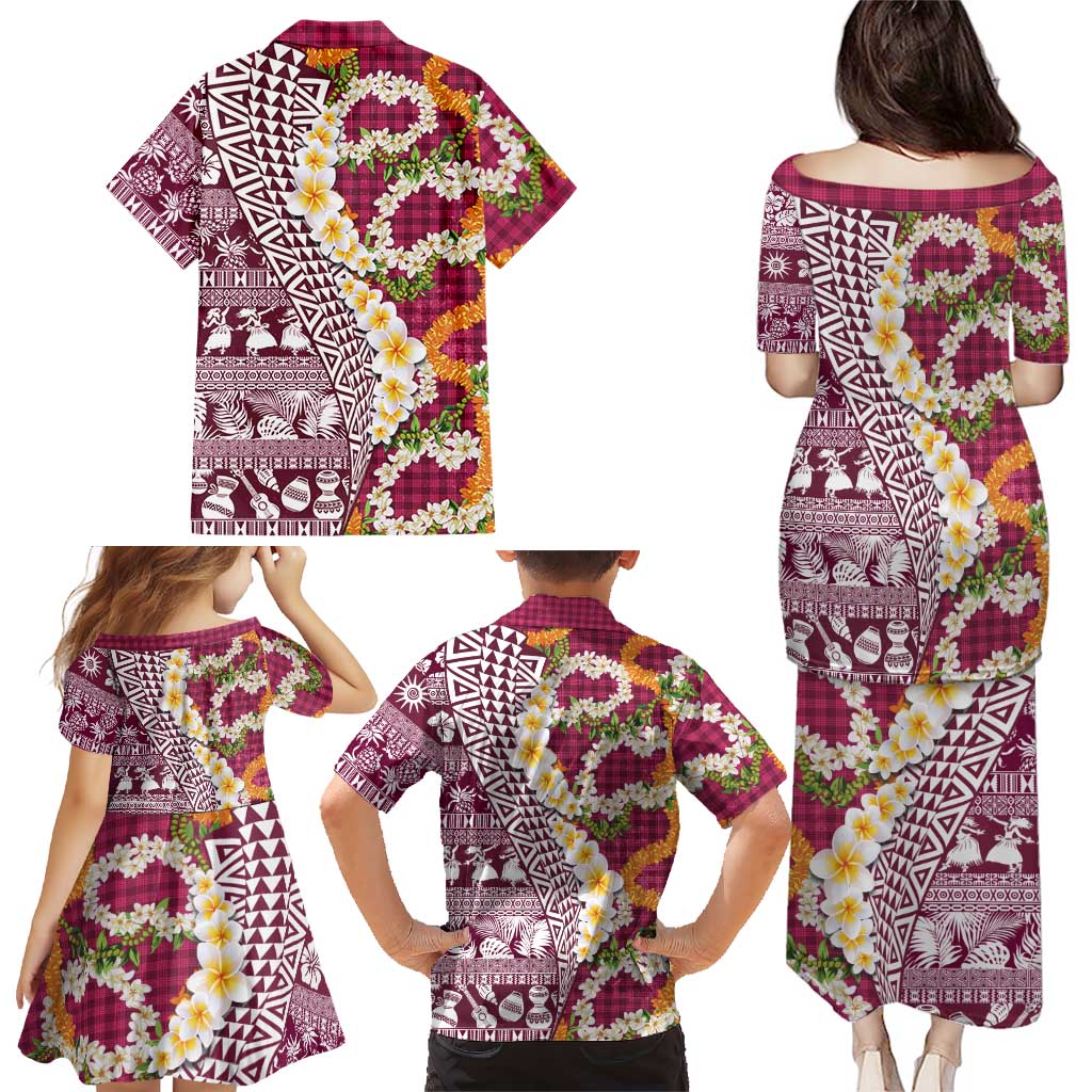 Hawaiian Plumeria Lei Family Matching Puletasi and Hawaiian Shirt Kakau Motifs and Palaka Half Style Pink Color LT03 - Polynesian Pride