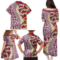 Hawaiian Plumeria Lei Family Matching Puletasi and Hawaiian Shirt Kakau Motifs and Palaka Half Style Pink Color LT03 - Polynesian Pride