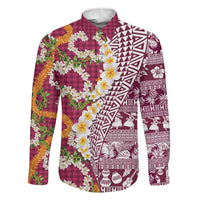 Hawaiian Plumeria Lei Family Matching Puletasi and Hawaiian Shirt Kakau Motifs and Palaka Half Style Pink Color LT03 Dad's Shirt - Long Sleeve Pink - Polynesian Pride