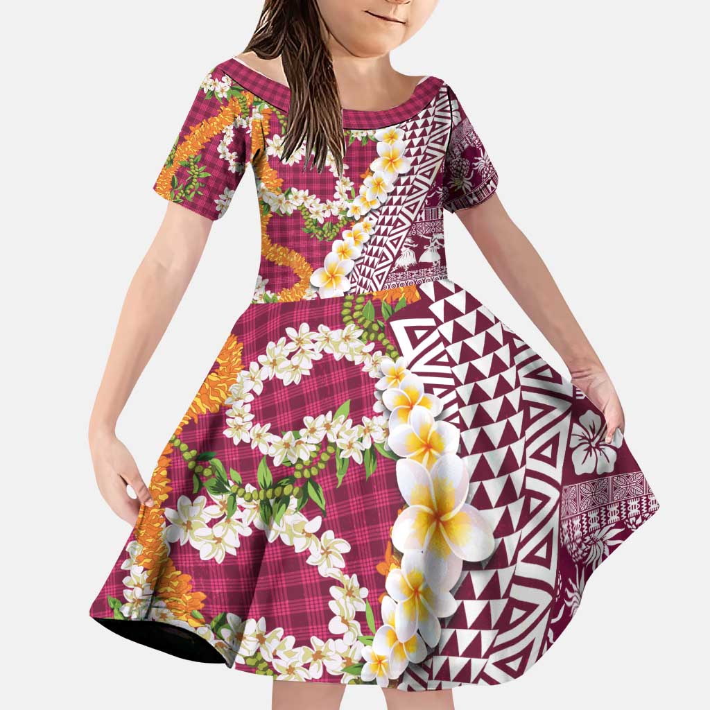 Hawaiian Plumeria Lei Family Matching Short Sleeve Bodycon Dress and Hawaiian Shirt Kakau Motifs and Palaka Half Style Pink Color LT03 Daughter's Dress Pink - Polynesian Pride